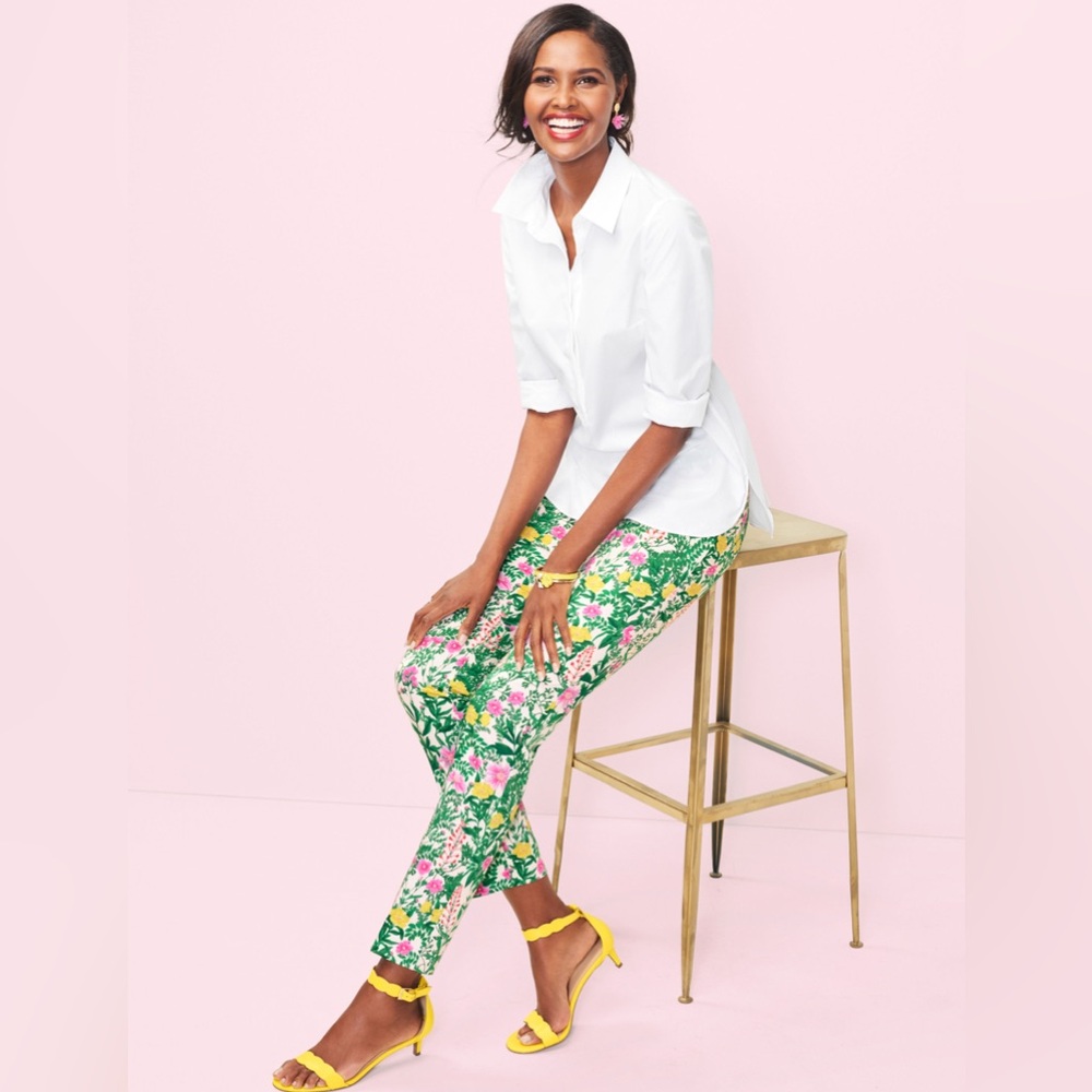 TALBOTS RSVP Floral Pink Yellow Ankle Length Side Zip Preppy Summer Pant Size 10